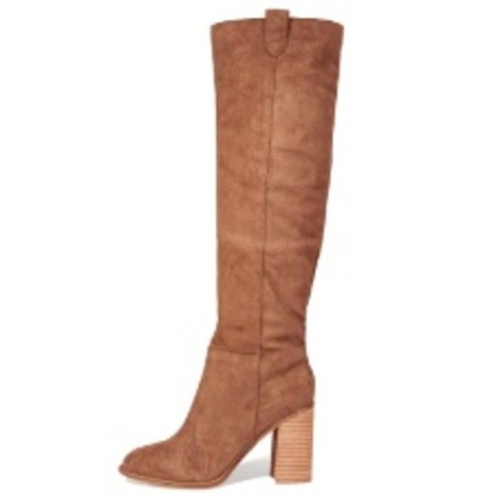 Womens Cognac Faux Suede Knee High Boots Block Heel Almond Toe Brown Western